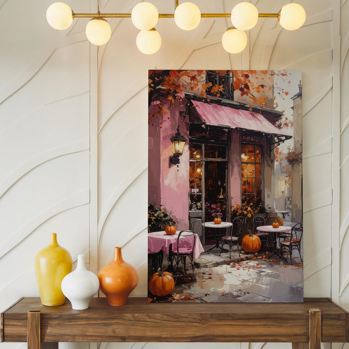 Charming Pink Café Canvas – Whimsical Halloween Village Art - Gifitto