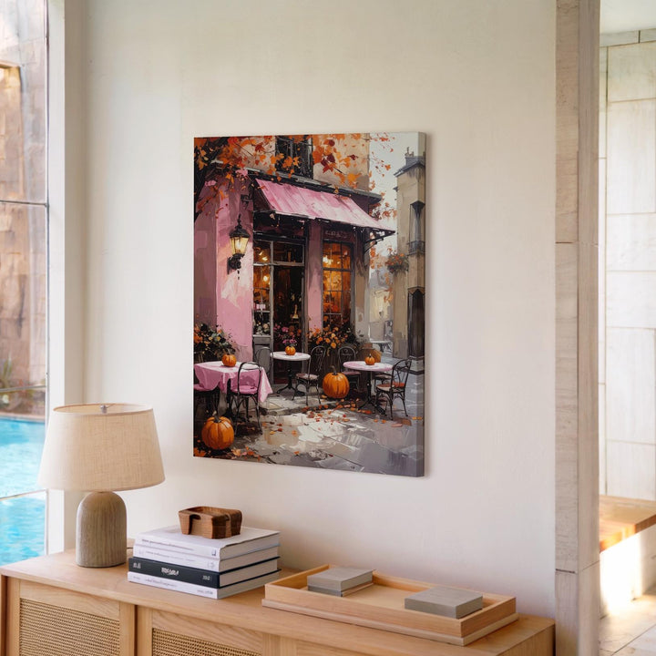 Charming Pink Café Canvas – Whimsical Halloween Village Art - Gifitto