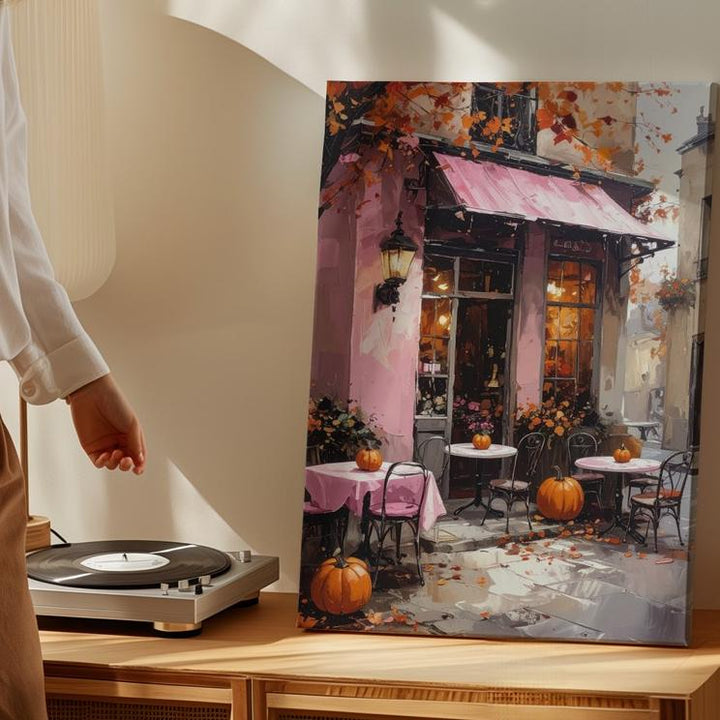 Charming Pink Café Canvas – Whimsical Halloween Village Art - Gifitto