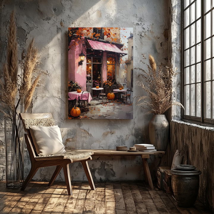Charming Pink Café Canvas – Whimsical Halloween Village Art - Gifitto