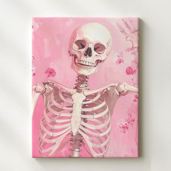 Playful Skeleton Wave Canvas – Pink Floral Halloween Wall Art - Gifitto