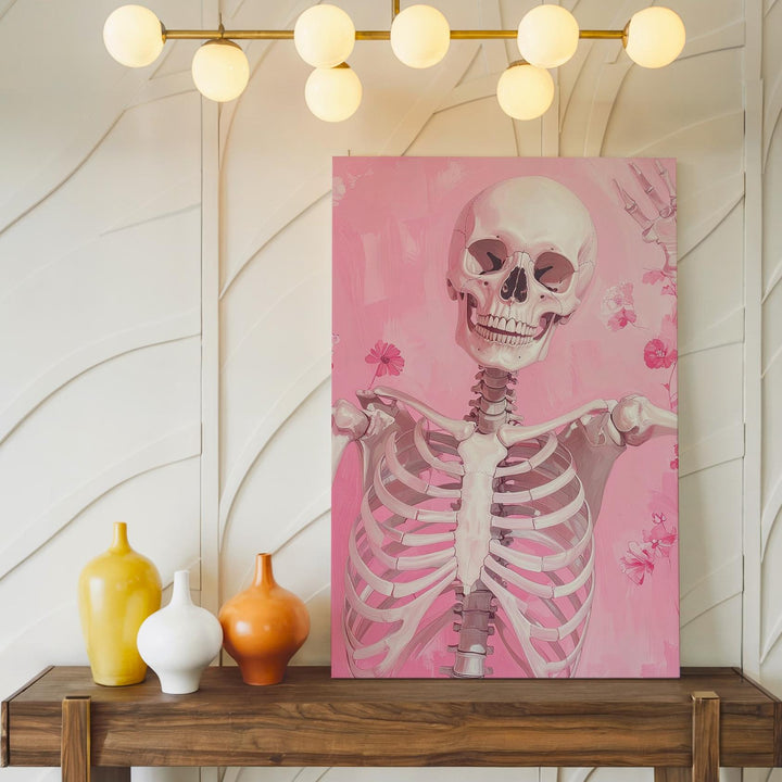 Playful Skeleton Wave Canvas – Pink Floral Halloween Wall Art - Gifitto