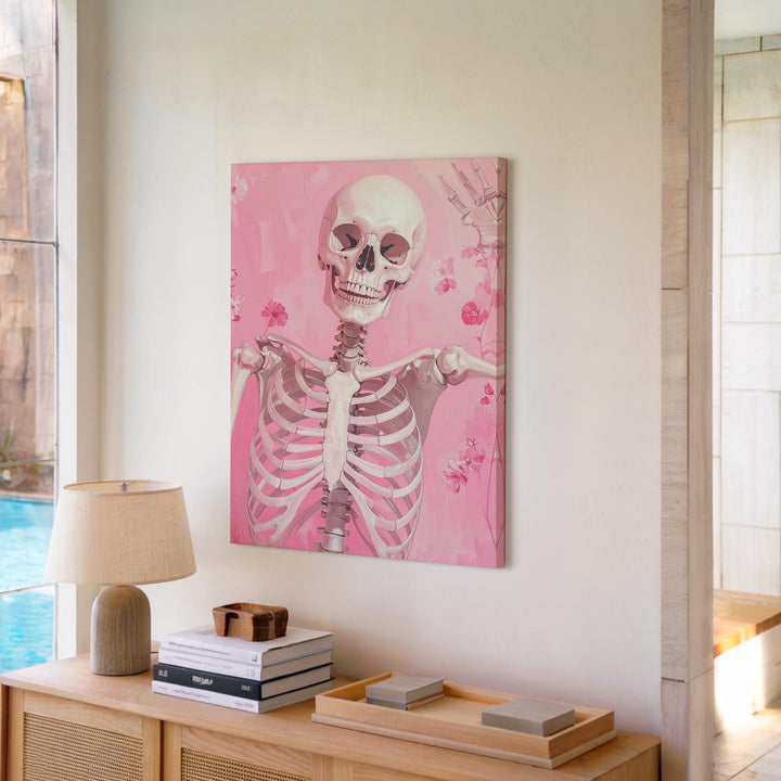 Playful Skeleton Wave Canvas – Pink Floral Halloween Wall Art - Gifitto