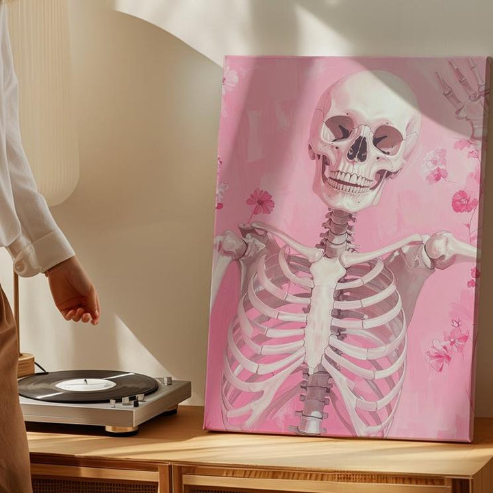 Playful Skeleton Wave Canvas – Pink Floral Halloween Wall Art - Gifitto