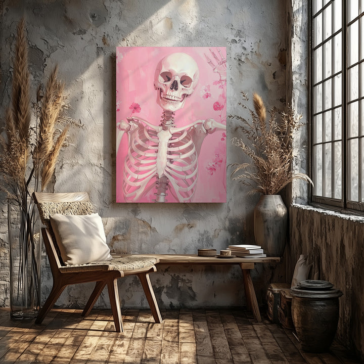 Playful Skeleton Wave Canvas – Pink Floral Halloween Wall Art - Gifitto