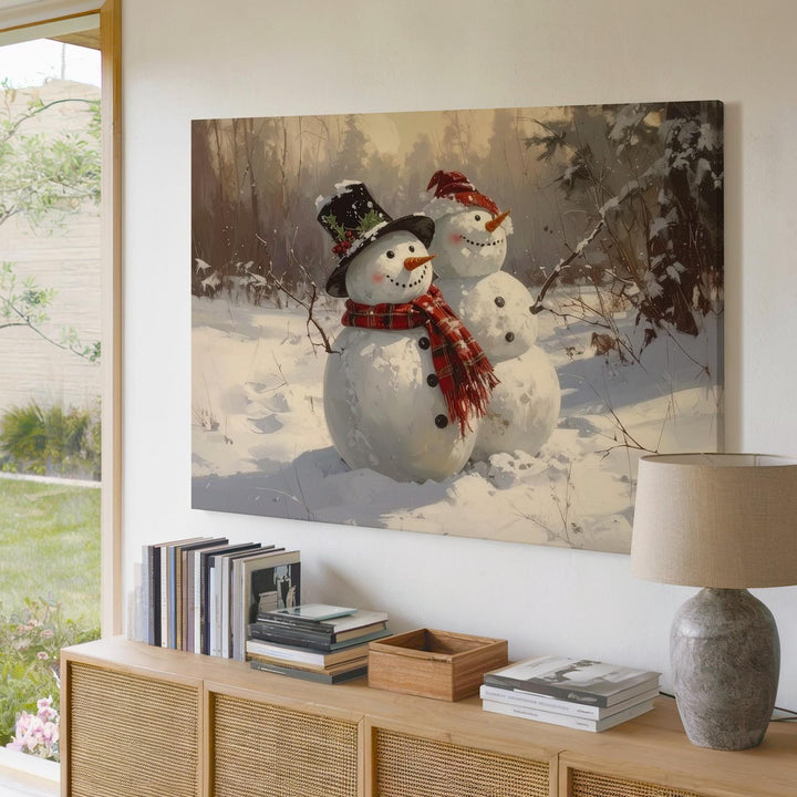 Festive Snowman Duo Canvas – Playful Winter Friends with Holiday Charm - Gifitto