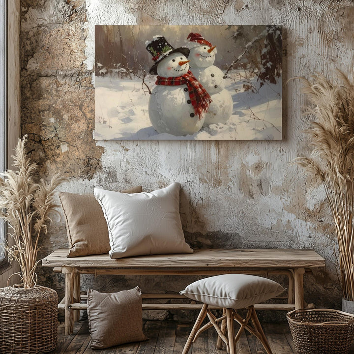 Festive Snowman Duo Canvas – Playful Winter Friends with Holiday Charm - Gifitto