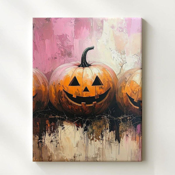 Playful Jack-O’-Lantern Trio Canvas – Whimsical Halloween Urban Art - Gifitto