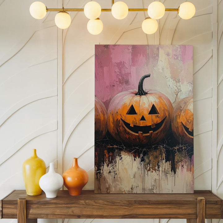 Playful Jack-O’-Lantern Trio Canvas – Whimsical Halloween Urban Art - Gifitto