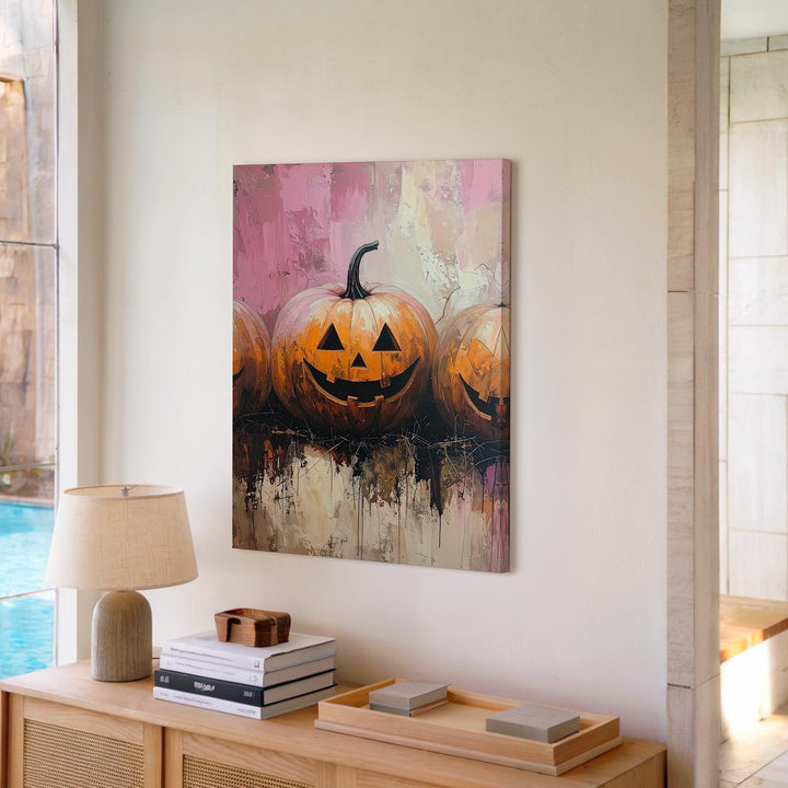 Playful Jack-O’-Lantern Trio Canvas – Whimsical Halloween Urban Art - Gifitto