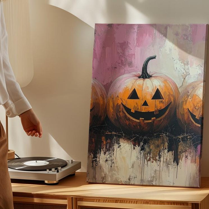 Playful Jack-O’-Lantern Trio Canvas – Whimsical Halloween Urban Art - Gifitto