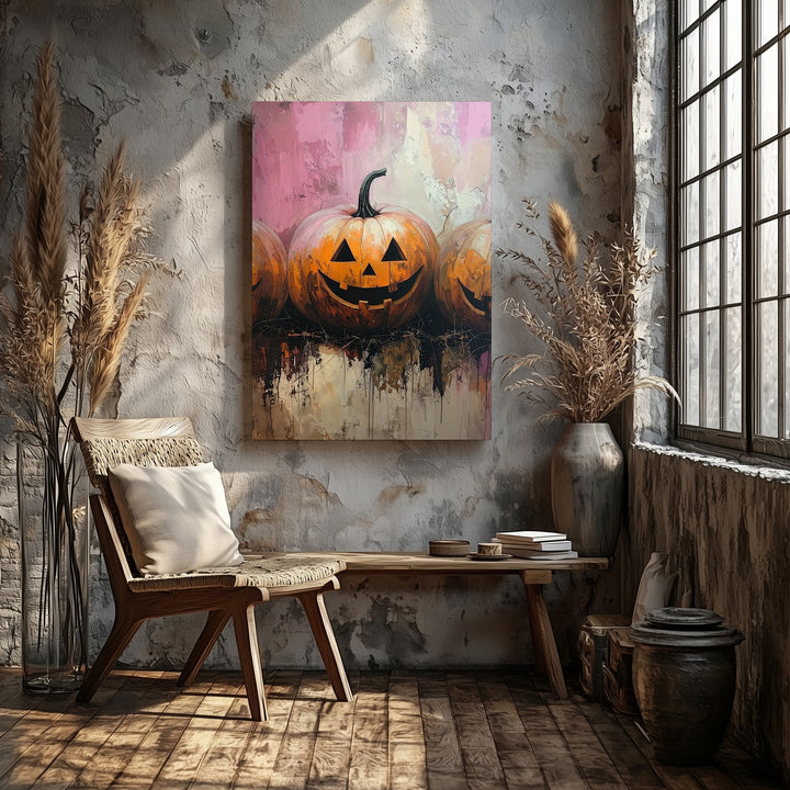 Playful Jack-O’-Lantern Trio Canvas – Whimsical Halloween Urban Art - Gifitto