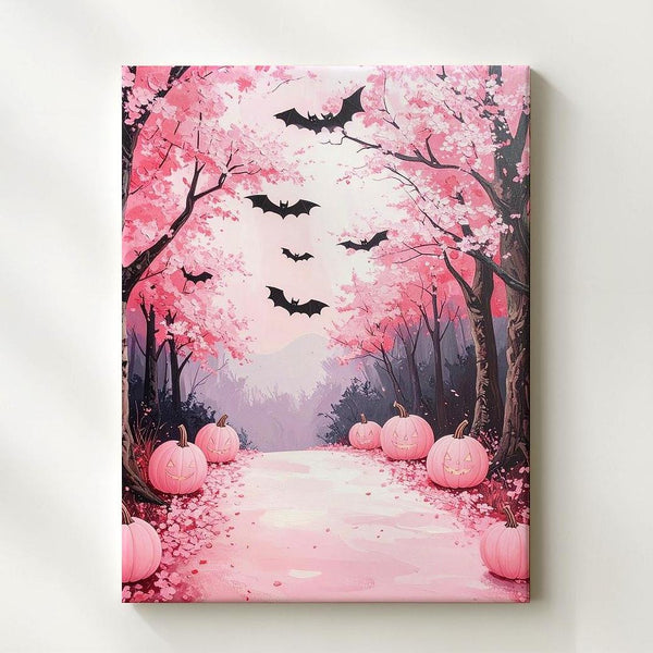 Cherry Blossom Path Canvas – Pink Pumpkins & Flying Bats Art - Gifitto