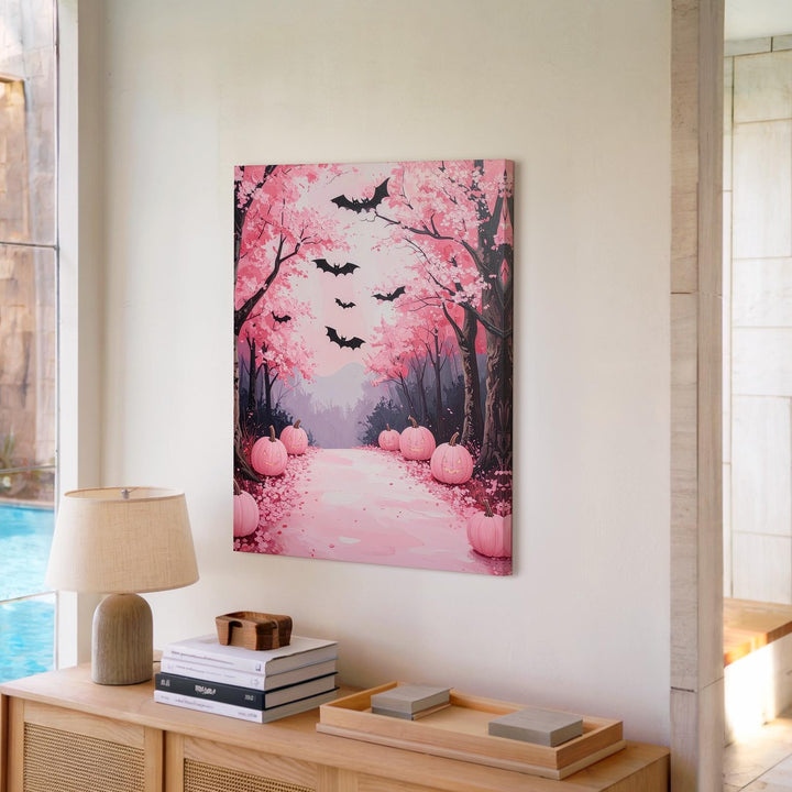 Cherry Blossom Path Canvas – Pink Pumpkins & Flying Bats Art - Gifitto