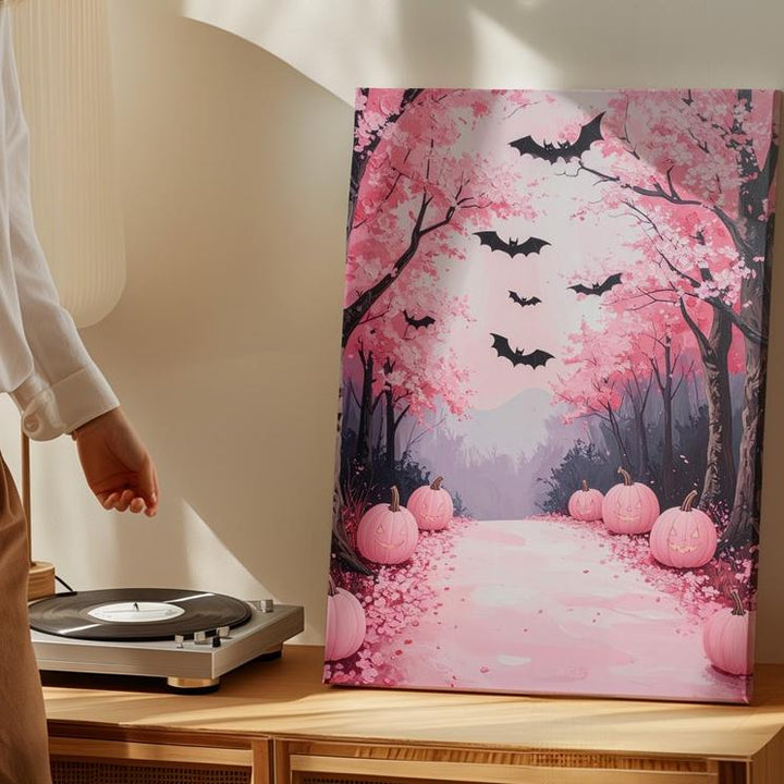 Cherry Blossom Path Canvas – Pink Pumpkins & Flying Bats Art - Gifitto