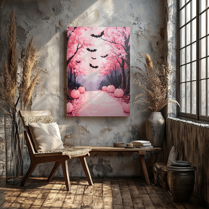 Cherry Blossom Path Canvas – Pink Pumpkins & Flying Bats Art - Gifitto