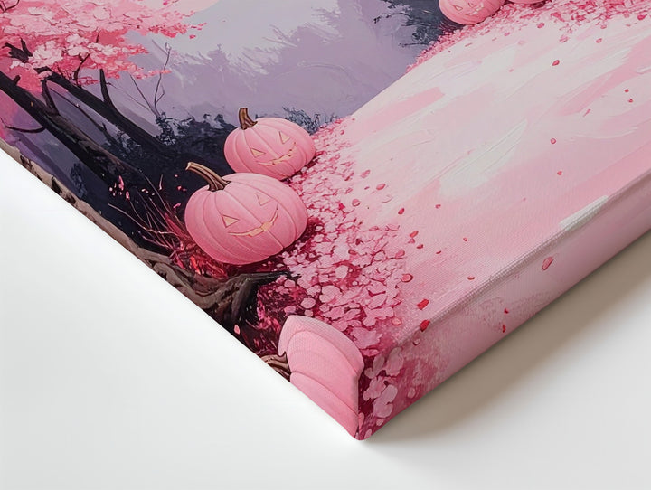 Cherry Blossom Path Canvas – Pink Pumpkins & Flying Bats Art - Gifitto