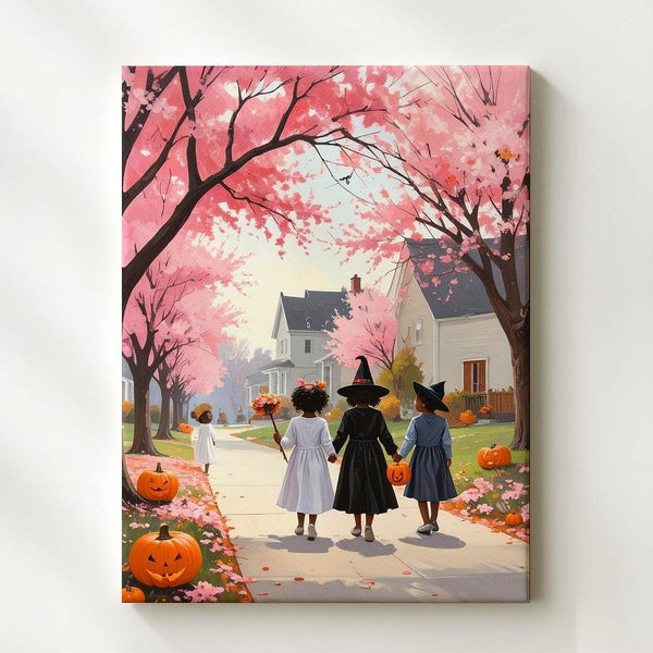 Trick-or-Treat Under Pink Trees Canvas – Whimsical Halloween Wall Art - Gifitto