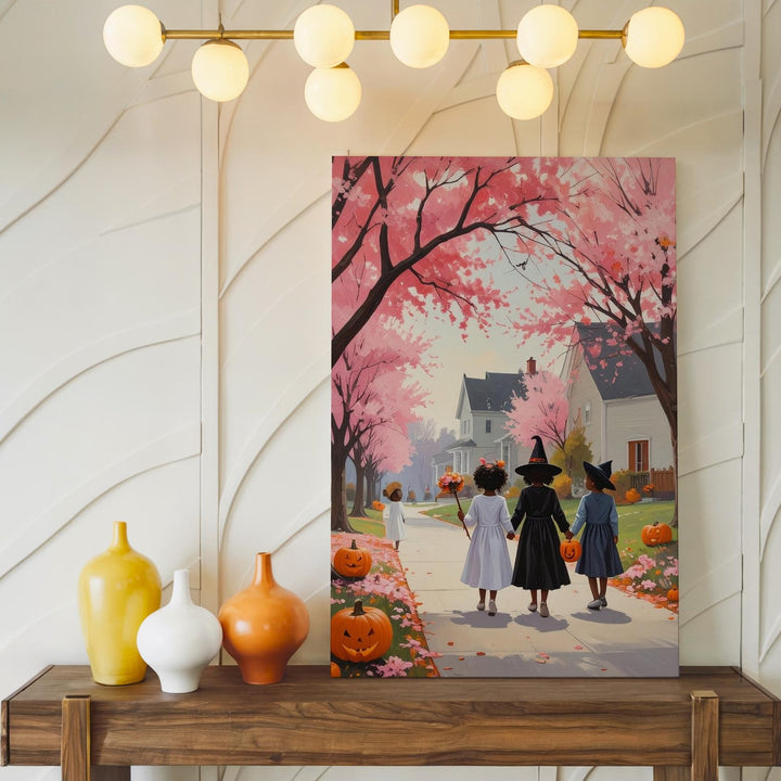 Trick-or-Treat Under Pink Trees Canvas – Whimsical Halloween Wall Art - Gifitto