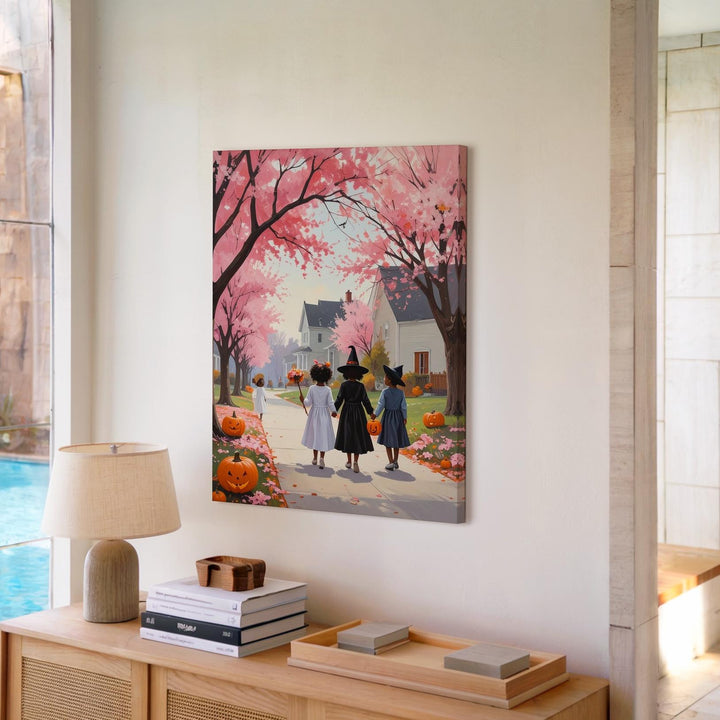 Trick-or-Treat Under Pink Trees Canvas – Whimsical Halloween Wall Art - Gifitto