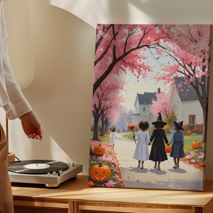 Trick-or-Treat Under Pink Trees Canvas – Whimsical Halloween Wall Art - Gifitto