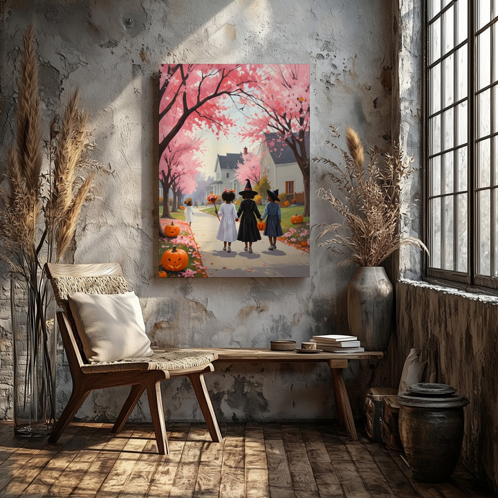 Trick-or-Treat Under Pink Trees Canvas – Whimsical Halloween Wall Art - Gifitto