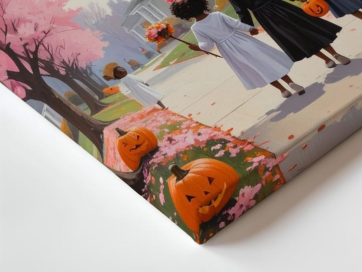 Trick-or-Treat Under Pink Trees Canvas – Whimsical Halloween Wall Art - Gifitto