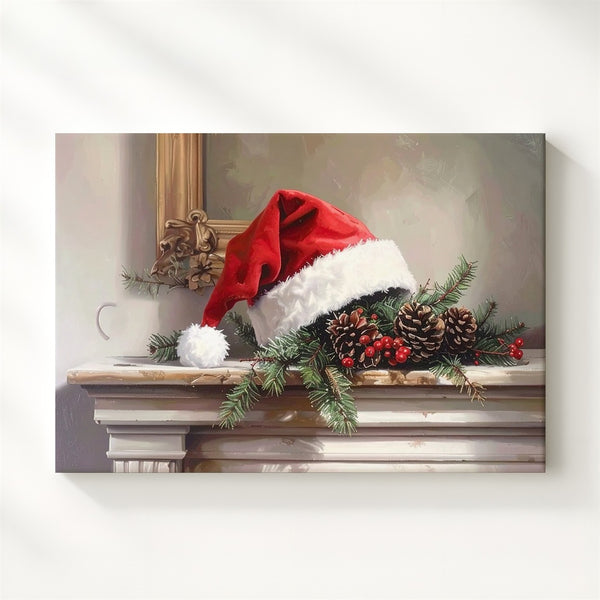 Cozy Christmas Mantle Canvas – Santa Hat with Pine & Berries Still Life - Gifitto