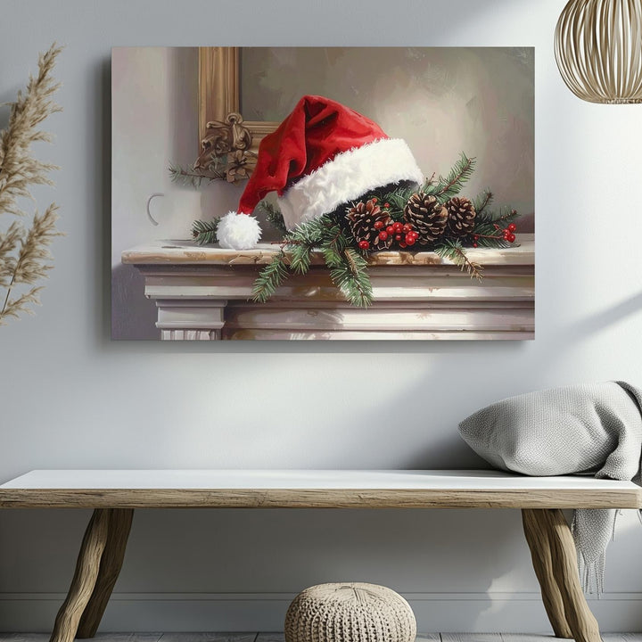 Cozy Christmas Mantle Canvas – Santa Hat with Pine & Berries Still Life - Gifitto
