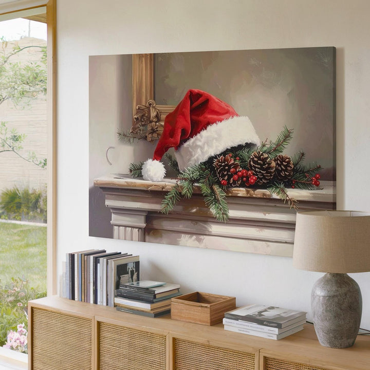 Cozy Christmas Mantle Canvas – Santa Hat with Pine & Berries Still Life - Gifitto