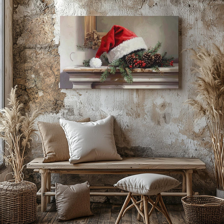 Cozy Christmas Mantle Canvas – Santa Hat with Pine & Berries Still Life - Gifitto