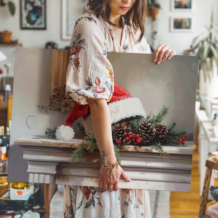 Cozy Christmas Mantle Canvas – Santa Hat with Pine & Berries Still Life - Gifitto
