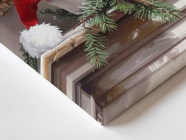 Cozy Christmas Mantle Canvas – Santa Hat with Pine & Berries Still Life - Gifitto