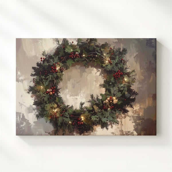 Classic Pine Christmas Wreath Canvas – Cozy Holiday Wall Art - Gifitto