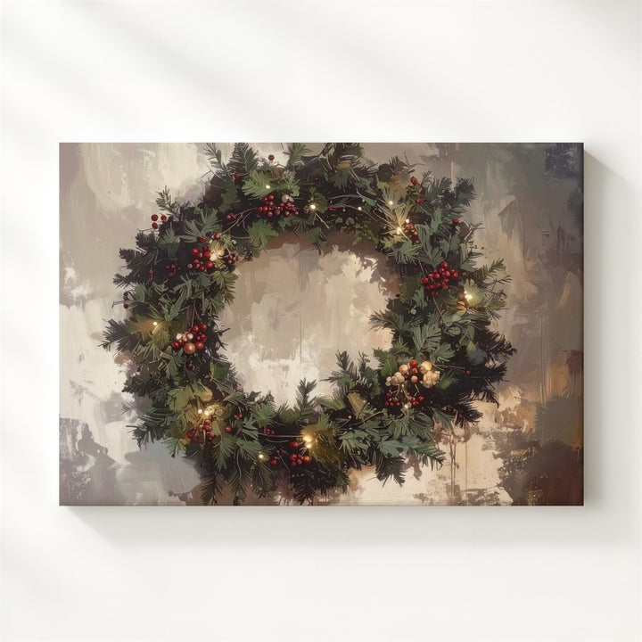 Classic Pine Christmas Wreath Canvas – Cozy Holiday Wall Art - Gifitto
