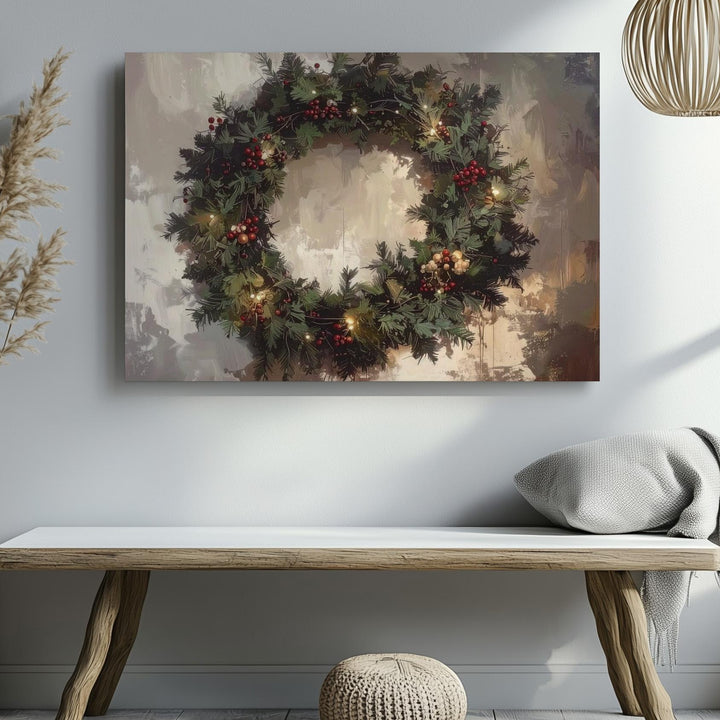 Classic Pine Christmas Wreath Canvas – Cozy Holiday Wall Art - Gifitto