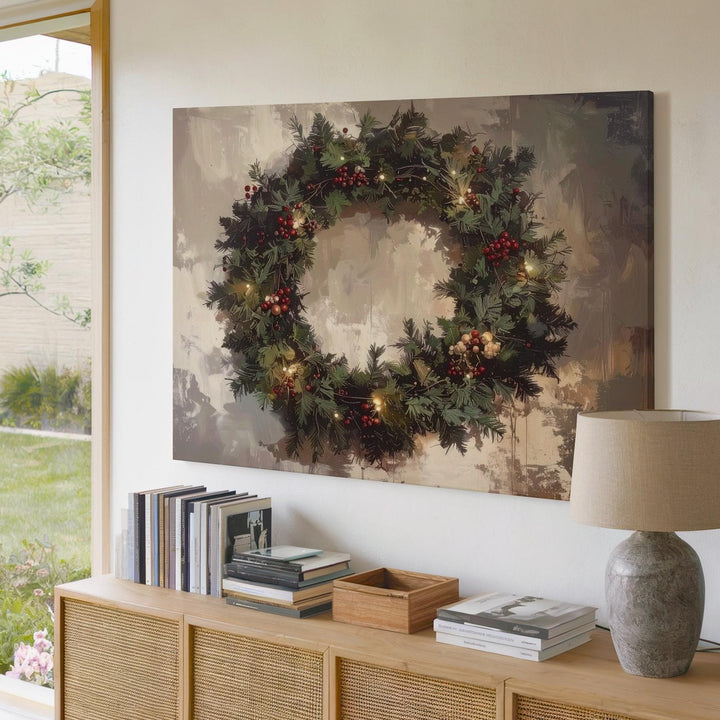 Classic Pine Christmas Wreath Canvas – Cozy Holiday Wall Art - Gifitto