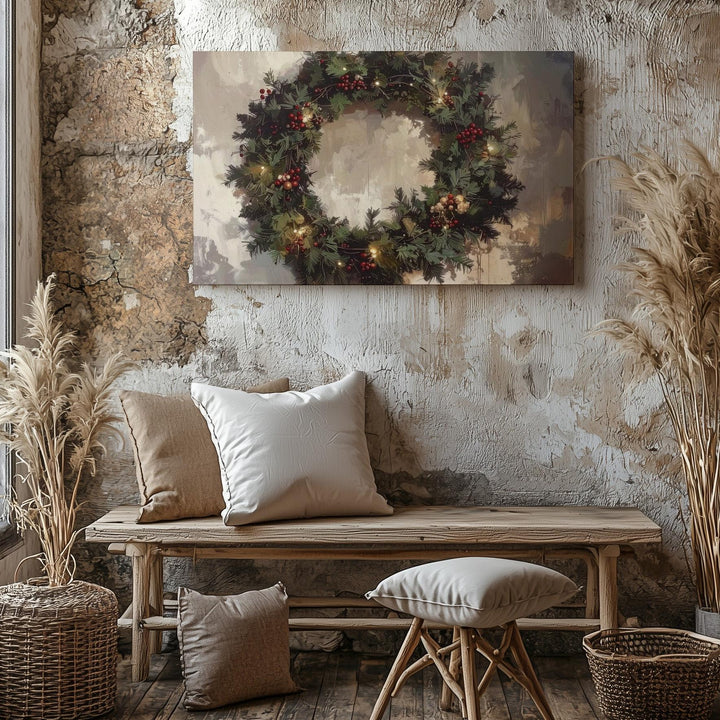Classic Pine Christmas Wreath Canvas – Cozy Holiday Wall Art - Gifitto