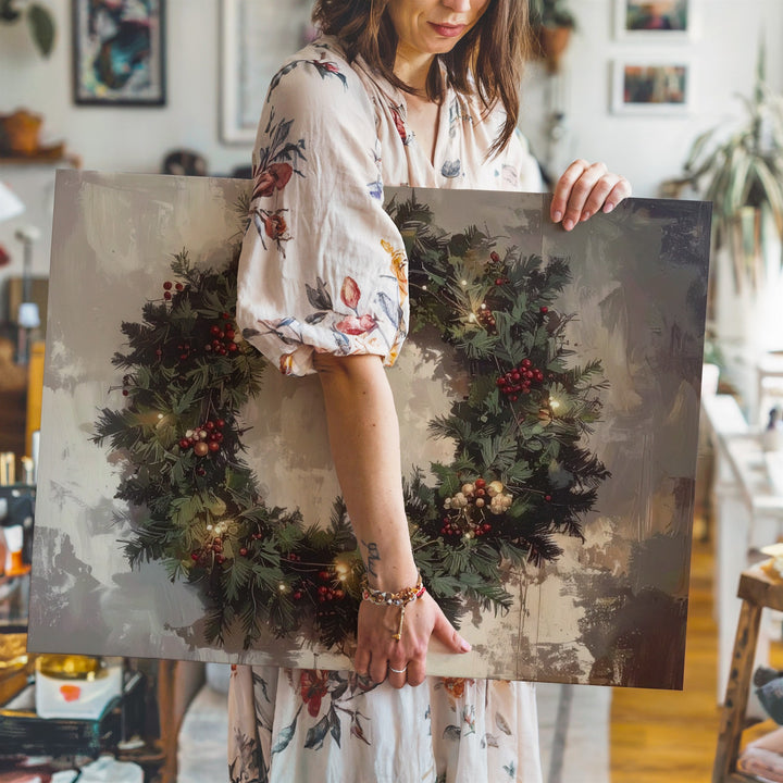 Classic Pine Christmas Wreath Canvas – Cozy Holiday Wall Art - Gifitto