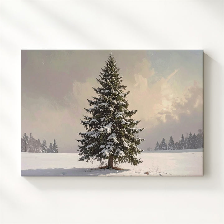 Lone Evergreen in Snow Canvas – Minimalist Winter Nature Art - Gifitto