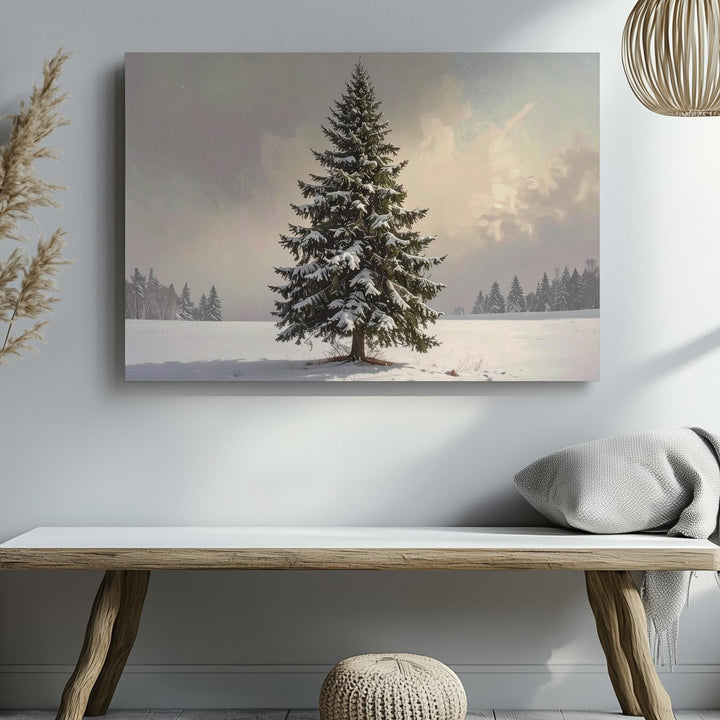 Lone Evergreen in Snow Canvas – Minimalist Winter Nature Art - Gifitto
