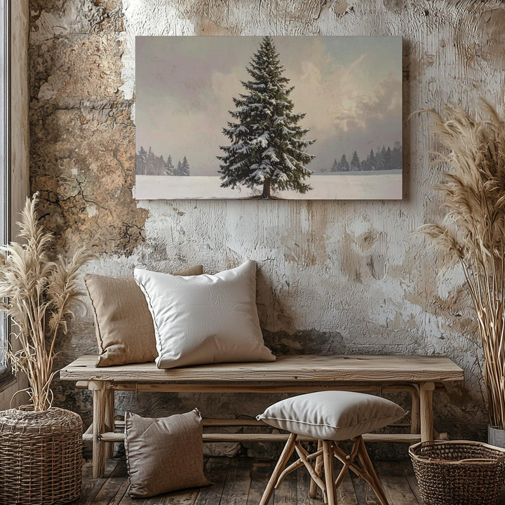 Lone Evergreen in Snow Canvas – Minimalist Winter Nature Art - Gifitto