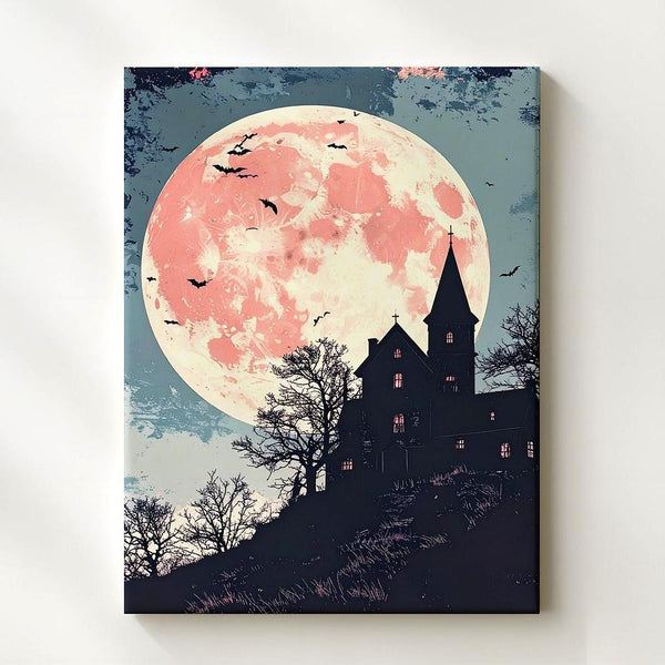 Vintage Haunted House Canvas – Rose Moon & Indigo Gothic Halloween Art - Gifitto
