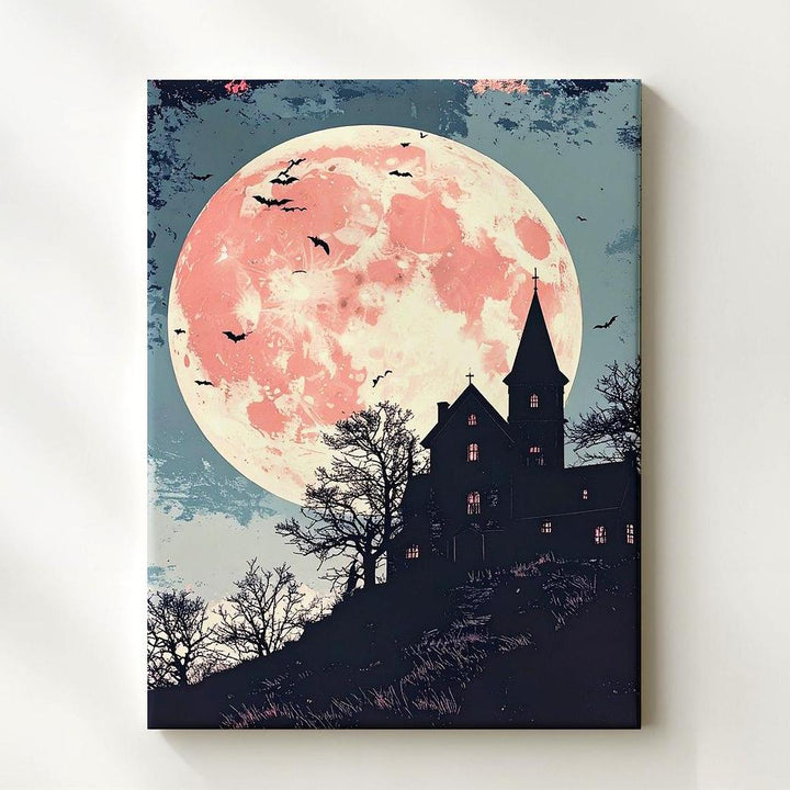 Vintage Haunted House Canvas – Rose Moon & Indigo Gothic Halloween Art - Gifitto