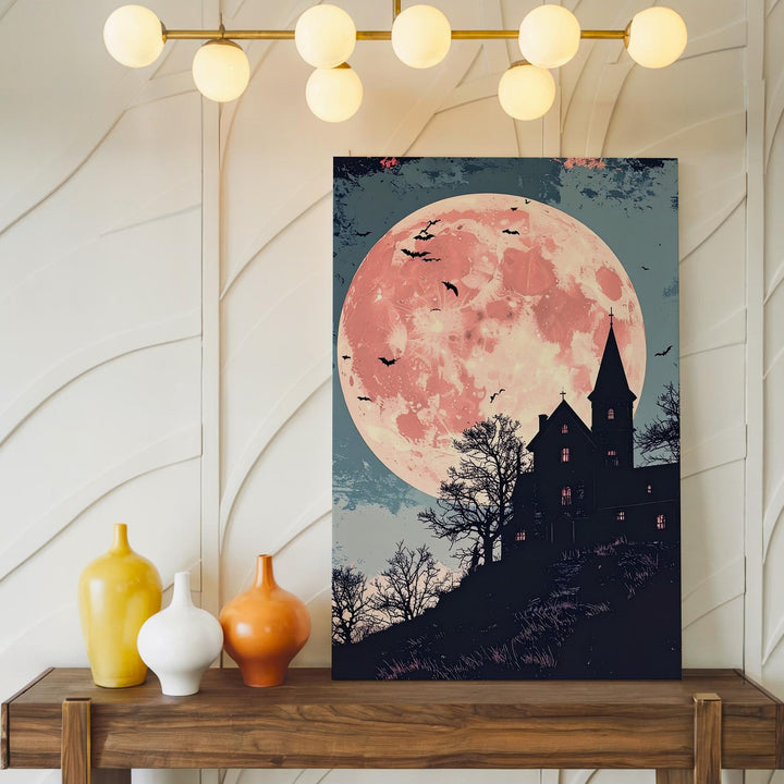 Vintage Haunted House Canvas – Rose Moon & Indigo Gothic Halloween Art - Gifitto