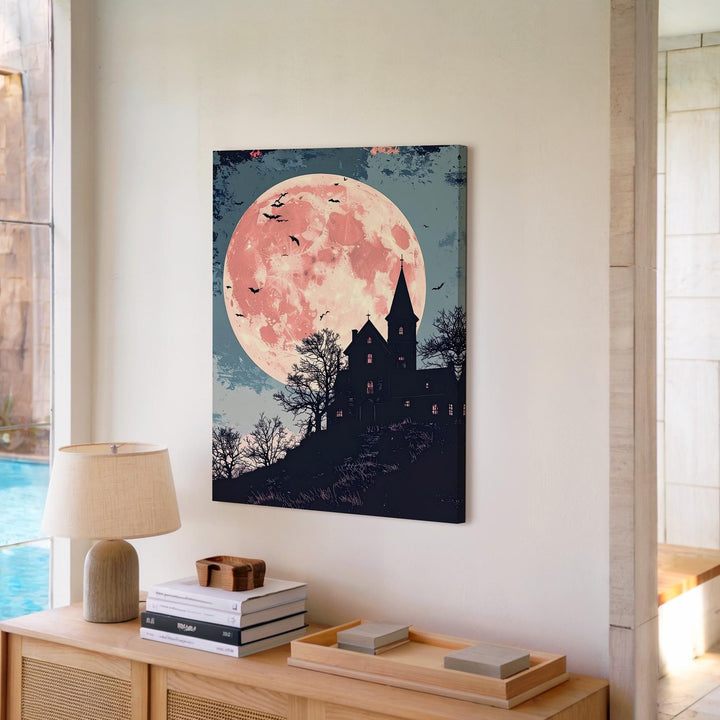 Vintage Haunted House Canvas – Rose Moon & Indigo Gothic Halloween Art - Gifitto