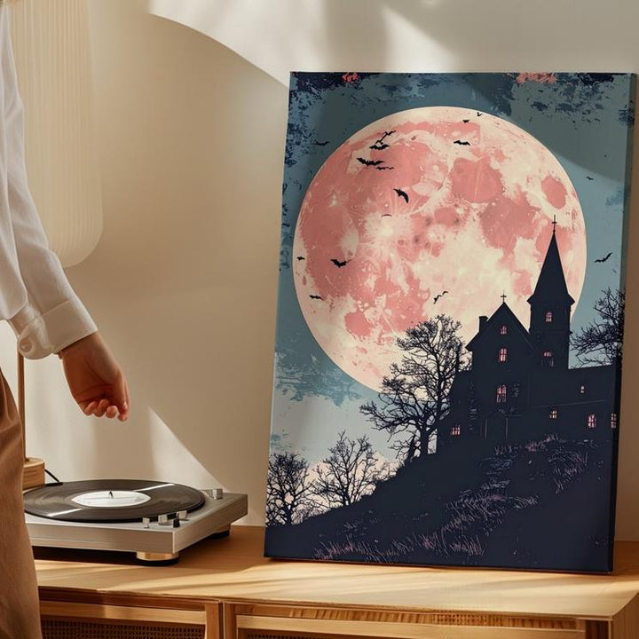 Vintage Haunted House Canvas – Rose Moon & Indigo Gothic Halloween Art - Gifitto