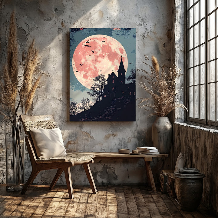 Vintage Haunted House Canvas – Rose Moon & Indigo Gothic Halloween Art - Gifitto