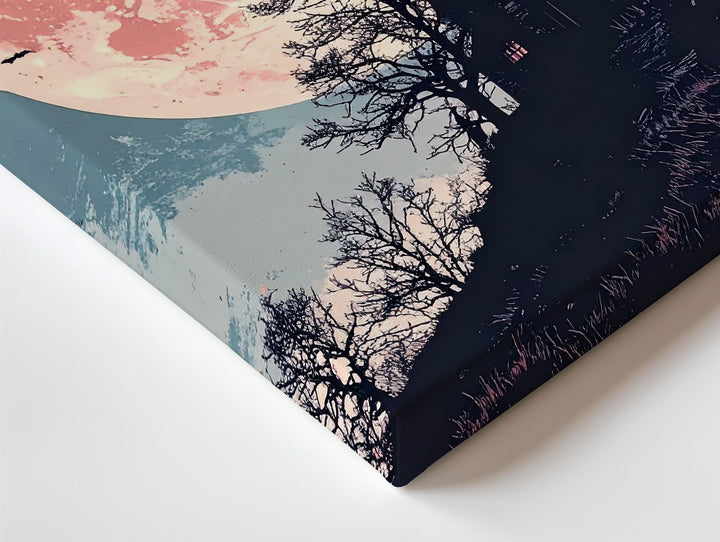 Vintage Haunted House Canvas – Rose Moon & Indigo Gothic Halloween Art - Gifitto
