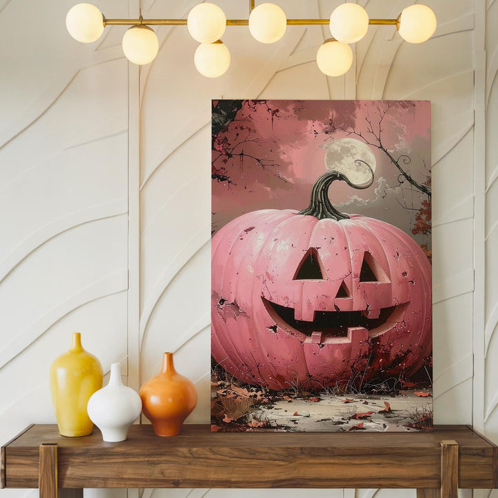 Pink Jack-O’-Lantern Canvas – Surreal Full Moon Halloween Wall Art - Gifitto